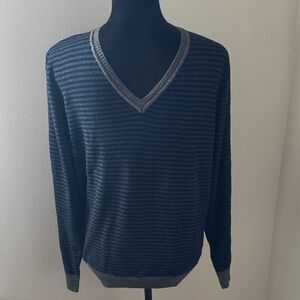 JHane Barnes Men's Stripe V-Neck Sweater Blue and Gray Cashmere Silk blend Sz S